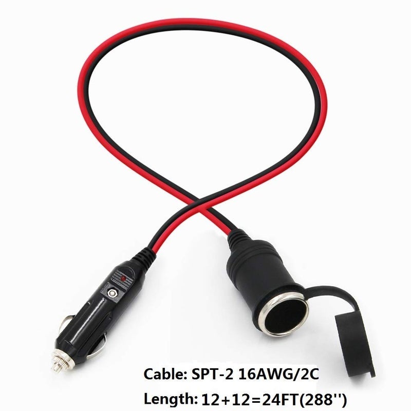 SPARKING 12V Cigarette Lighter Extension Cord 12FT -Car Charger Cigar Lighter Male Plug to Female Socket 16AWG Heavy Duty Extension Cable with LED Lights Extender for Air Compressor Pump and Tire Inflator 15A - Image 2